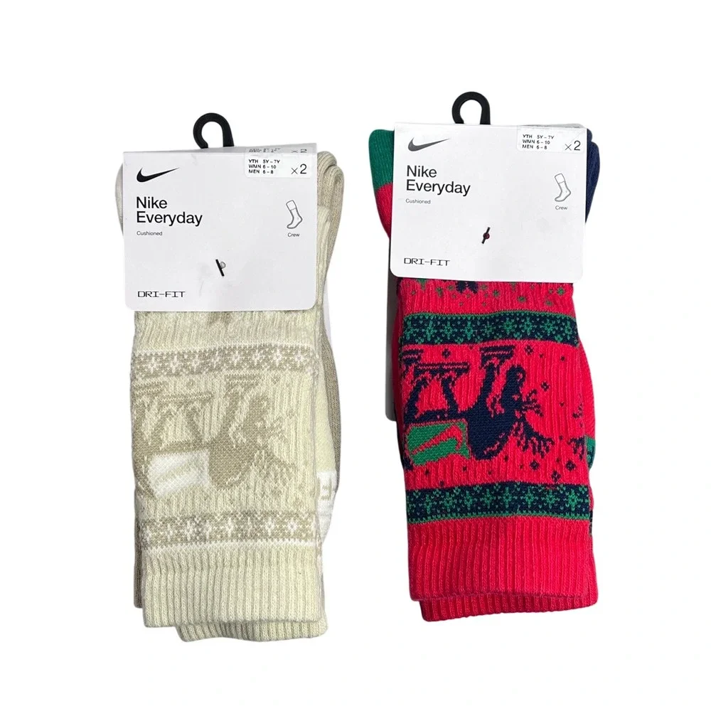 Nike Everyday Cushioned Crew Socks 4 Pair Holiday Moose Fair Isle Dri-Fit Medium